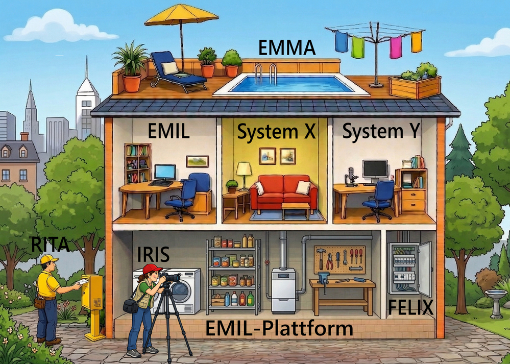 Schaubild EMIL Architektur - Haus mit Keller, Zimmern und Dachgarten